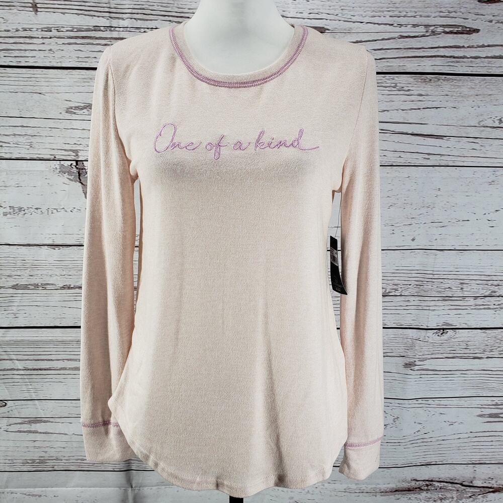 Laura Ashley New Peach Pink Knit Embroidered Long Sleeve Top Size Medium